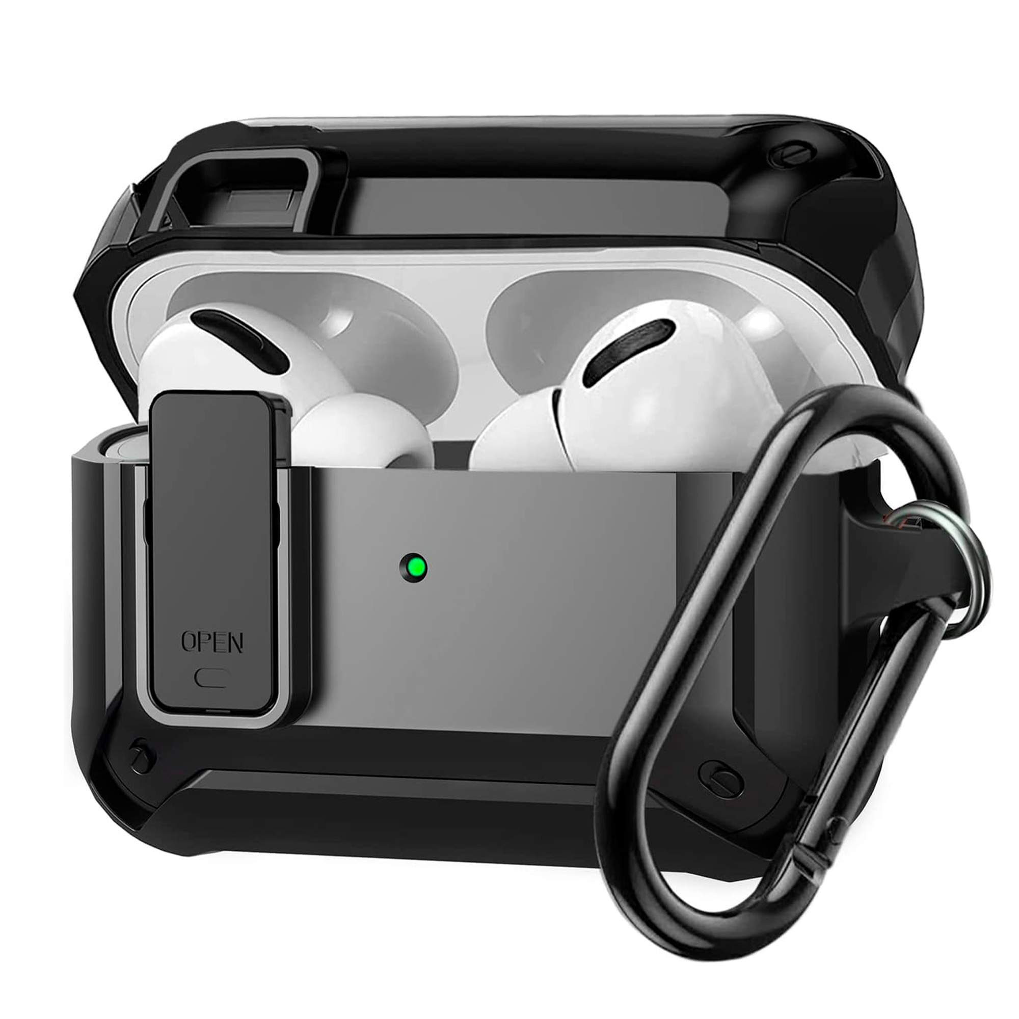 funda-airpods-con-mosqueton-negro funda protectora rígida para airpod con mecanismo de bloqueo